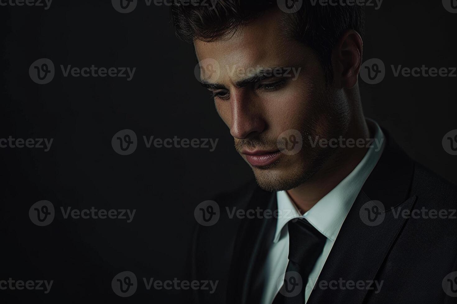 Attractive business man looking down to his side on dark studio background. photo