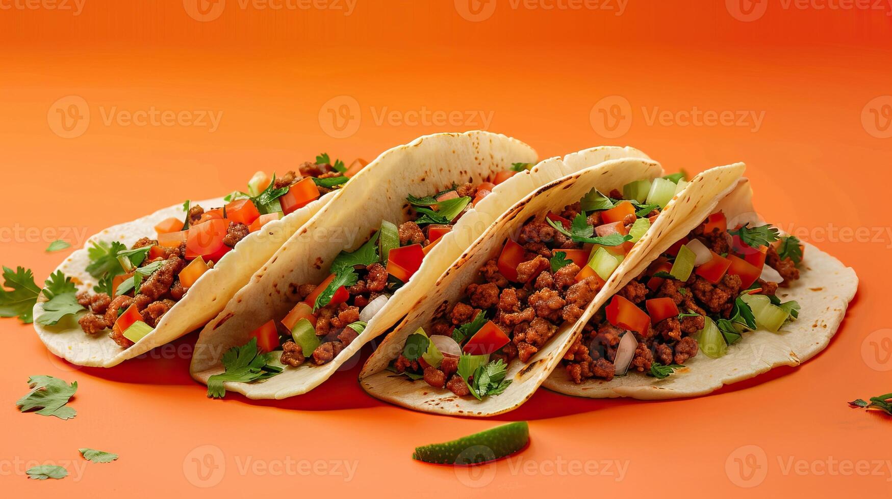 Frontal view of three delicious tacos with vegan meat and coriander in orange background. photo