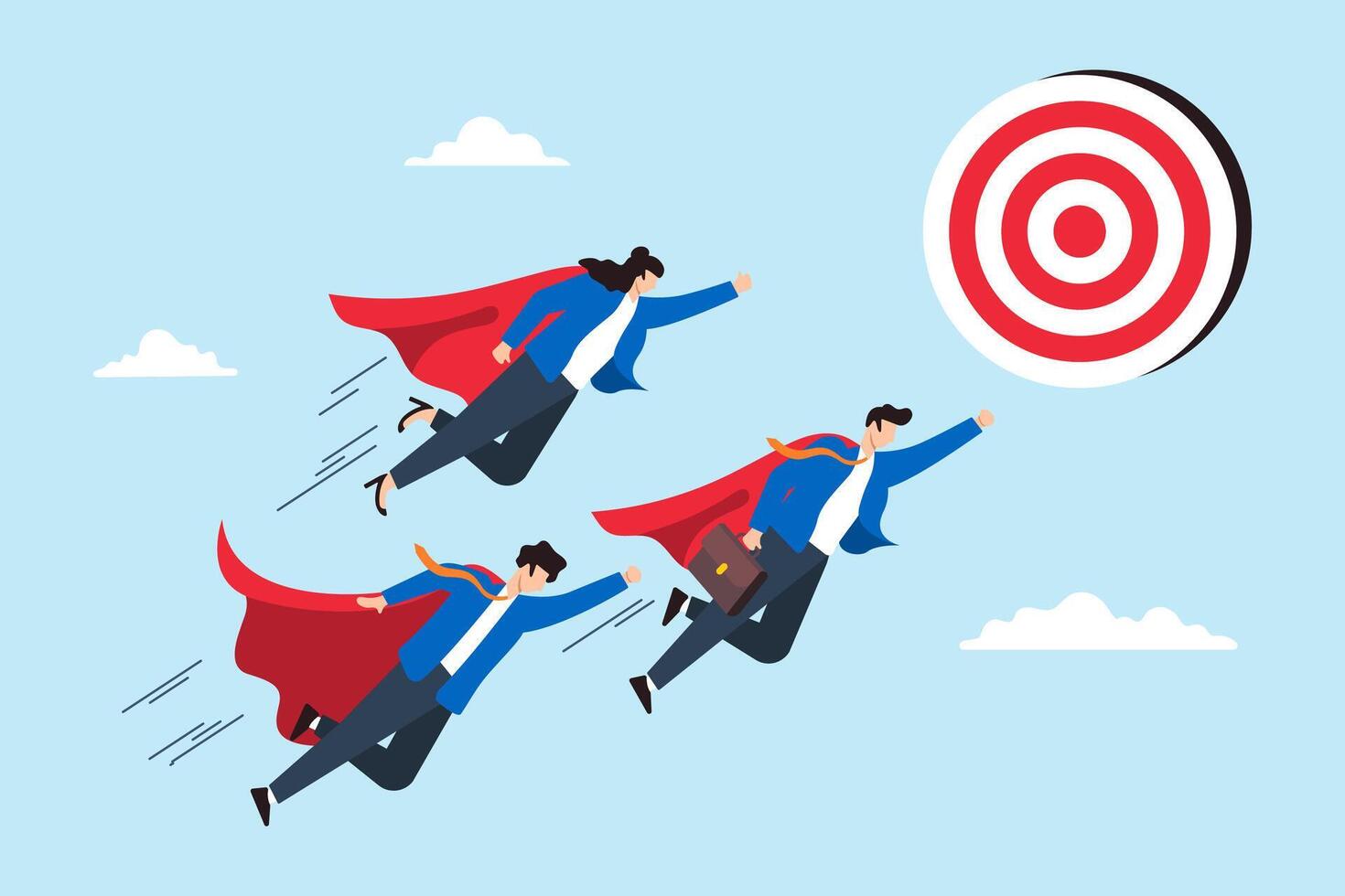 Superhero business people flying toward bullseye target illustrating teamwork, professional aim, and reaching goals. Concept of collaborative effort, leadership, and determination to achieve success vector