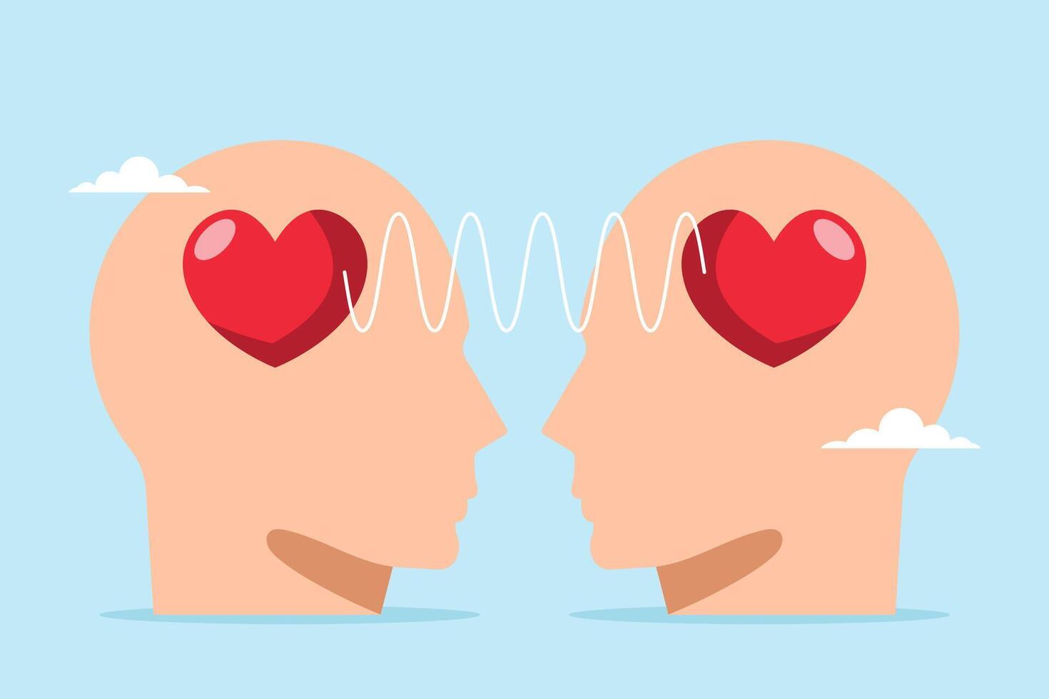 Heads of people with hearts sharing feelings illustrating empathy, sympathy, caring, willingness to support others emotionally. Concept of understanding, kindness, and social support vector