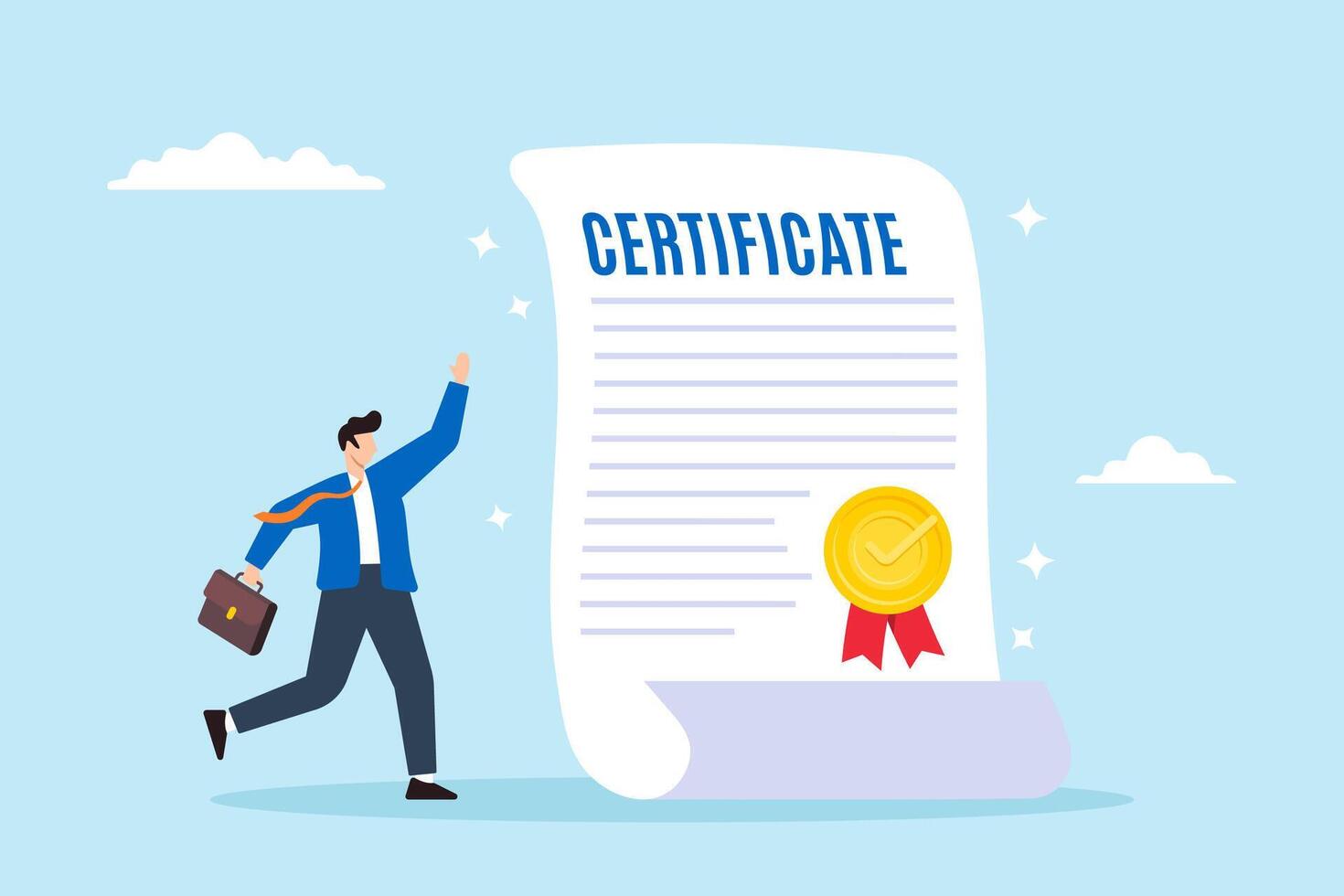 Happy businessman with star certificate paper, illustrating work achievement. Concept of certificate for taking course, award for excellent work, diploma document, and license stamp vector