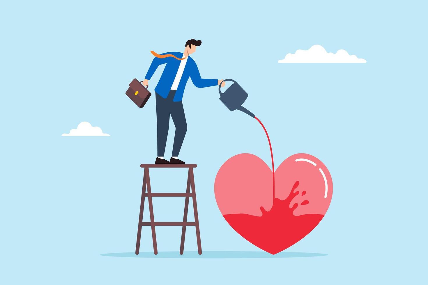 Businessman pouring water to fill heart illustrating work passion and motivation to succeed. Concept of attitude of finding fulfillment in work we love to do, fostering mindset dedicated to success vector