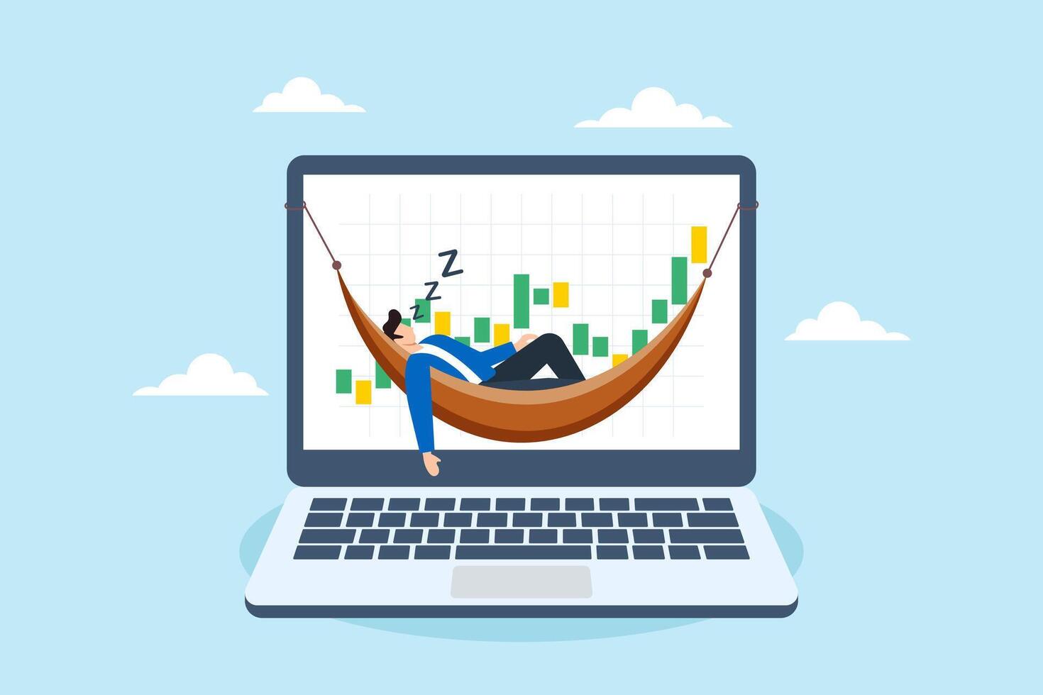 Successful investor sleeps on computer displaying financial graph, illustrating passive investment. Concept of making passive money or earning, wealth management strategies, and financial freedom vector