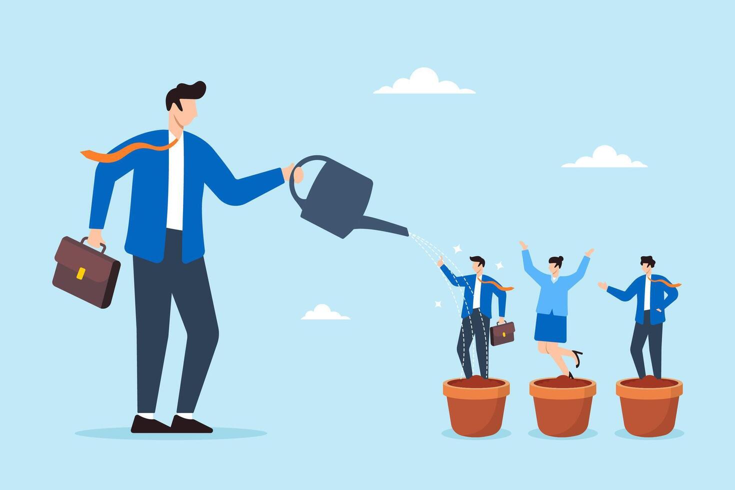 Businessman manager watering talented staff in flower pots illustrating talent development, career growth, and investment in training. Concept of employee potential, and coaching to develop skills vector