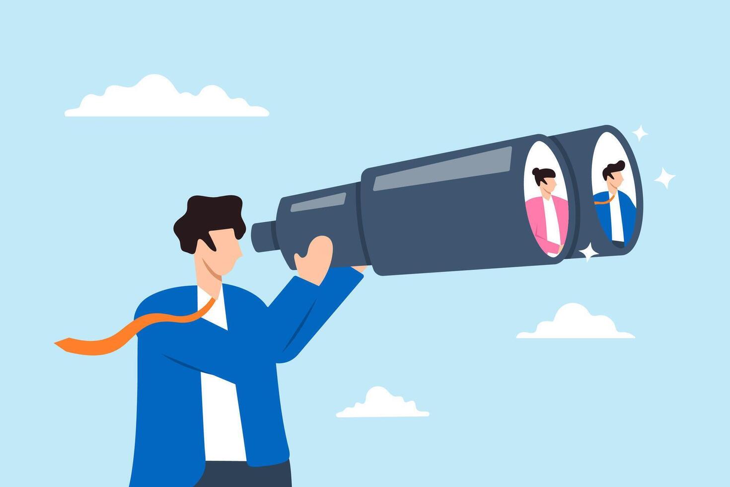 Businessman HR looks through binoculars to find potential candidates, illustrating process of searching individuals to fill job vacancies. Concept of human resources search for career opportunities vector