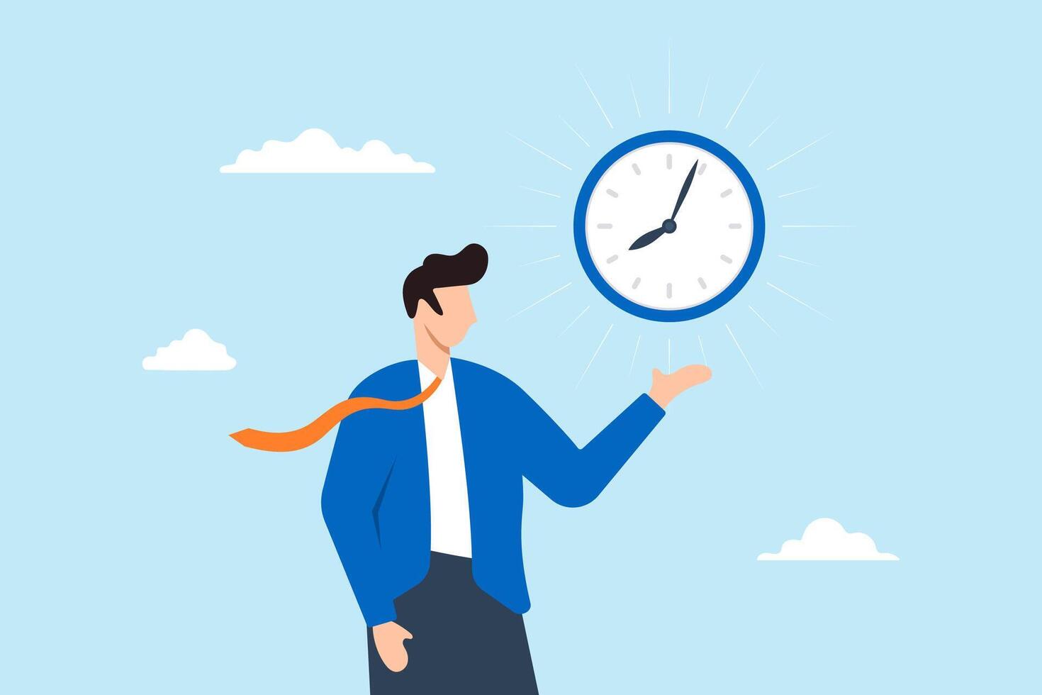 Businessman holding clock illustrating commitment to meeting reminders. Concept of punctuality, being on time for appointments or schedules, finishing work within deadlines, and time management vector