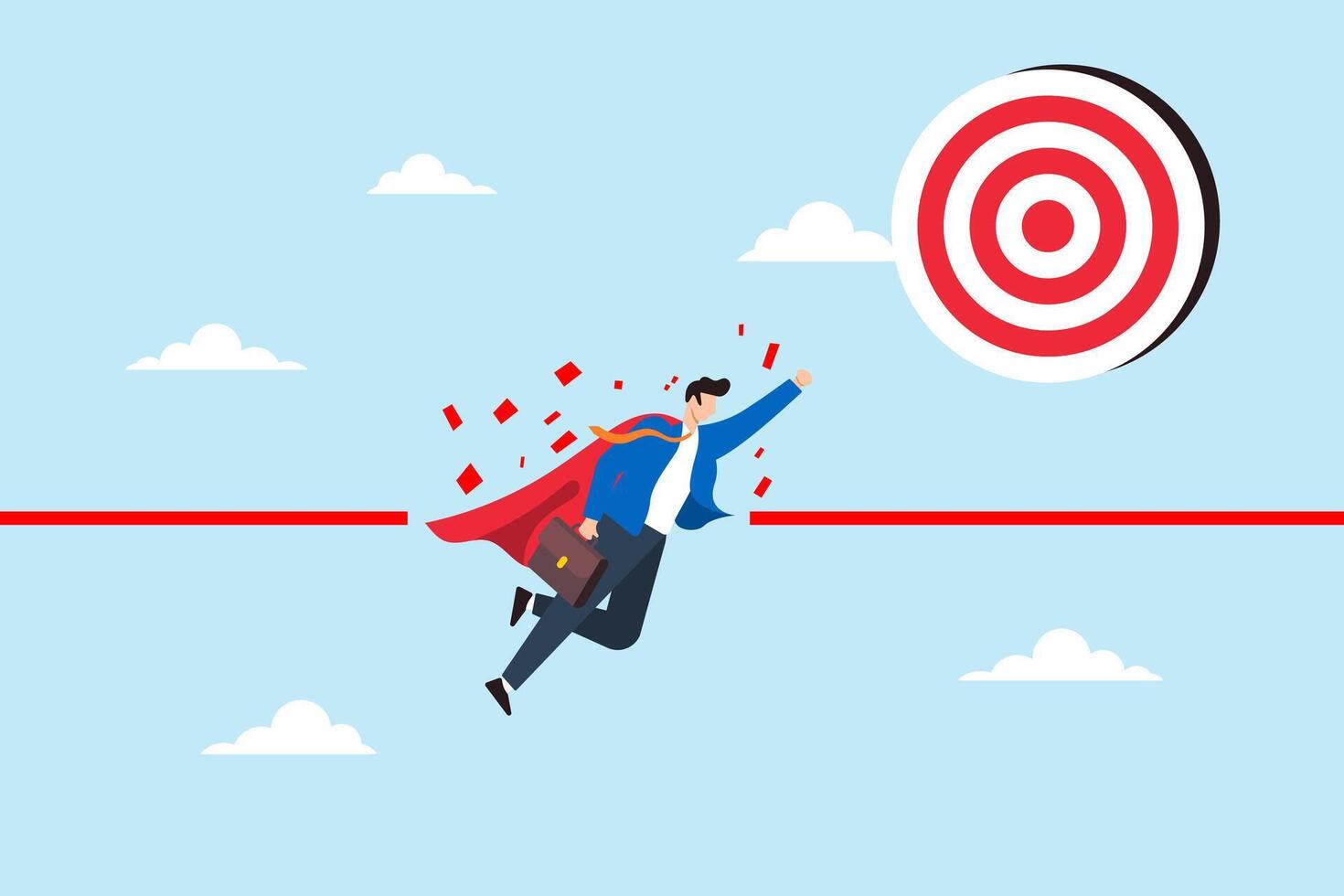 Businessman superhero breaking barriers to reach bullseye target illustrating overcoming difficulties or challenges to achieve success. Concept of determination to solve obstacles and reach goals vector