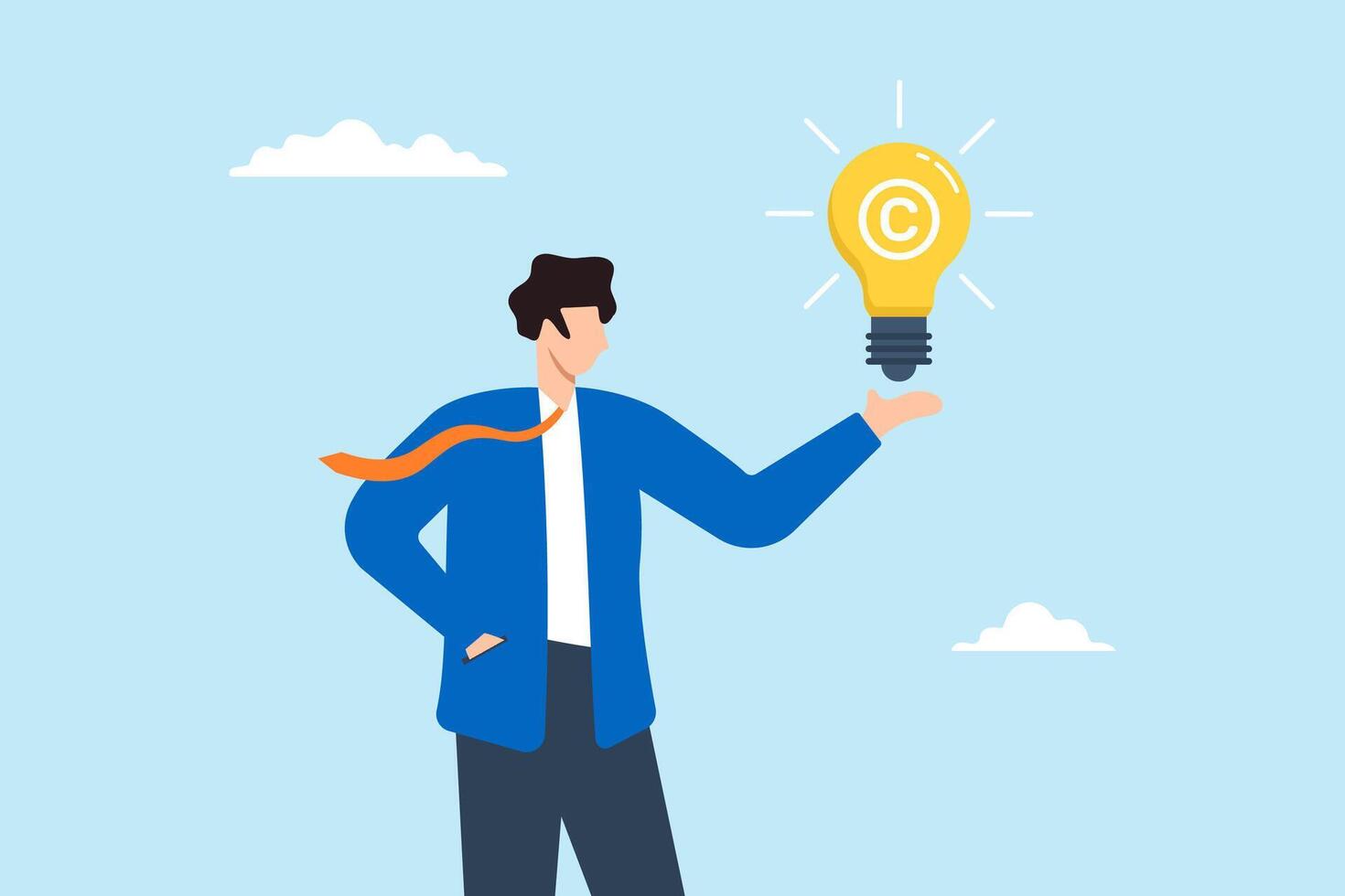 Businessman holding light bulb idea with copyright symbol illustrating protecting intellectual property. Concept of reserving copyright, trademarking original idea or innovation, and legal protection vector