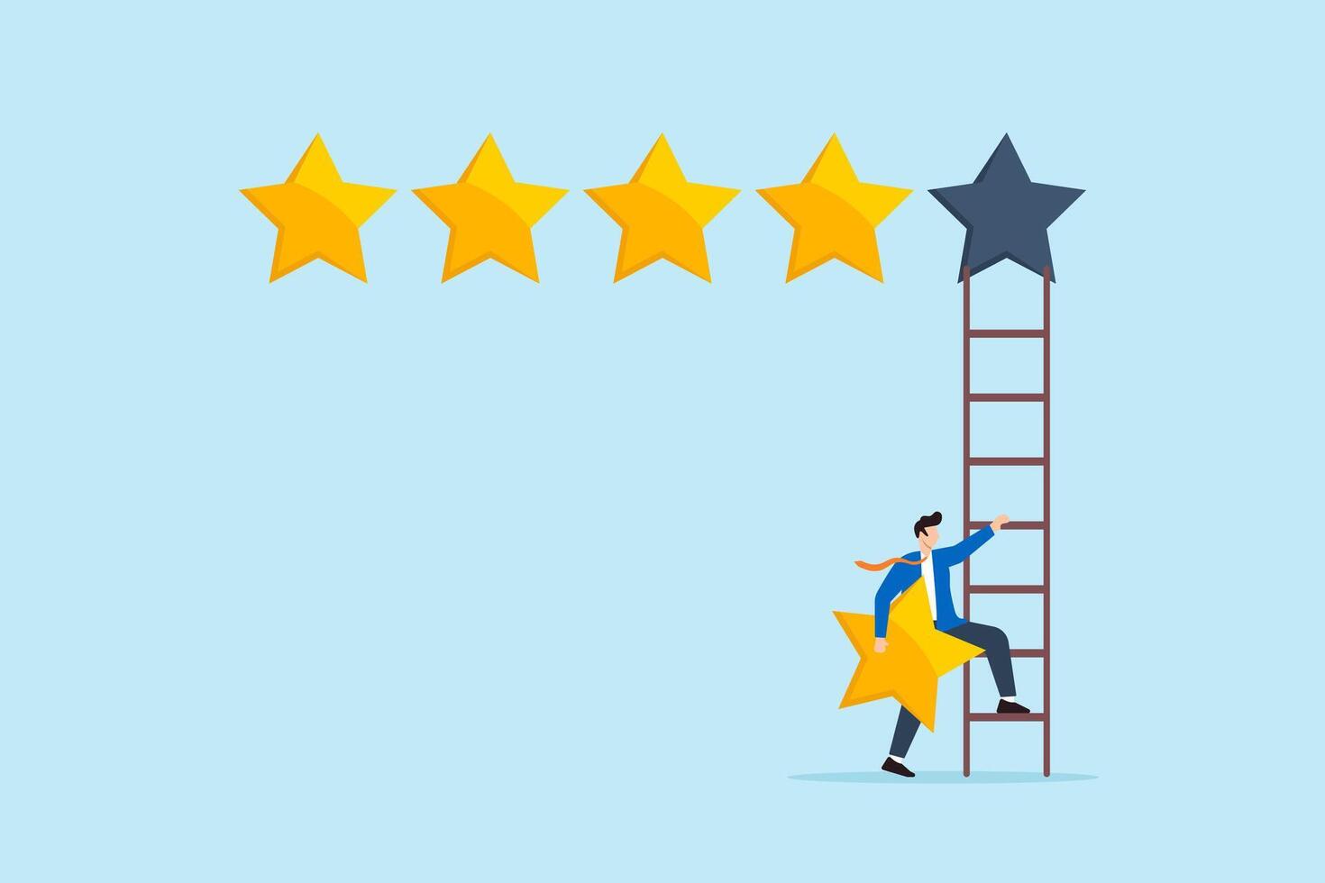 Businessman holding fifth star climbs up ladder to put on highest rating, illustrating excellent business reputation. Concept of positive customer feedback, high quality evaluation, top credit score vector