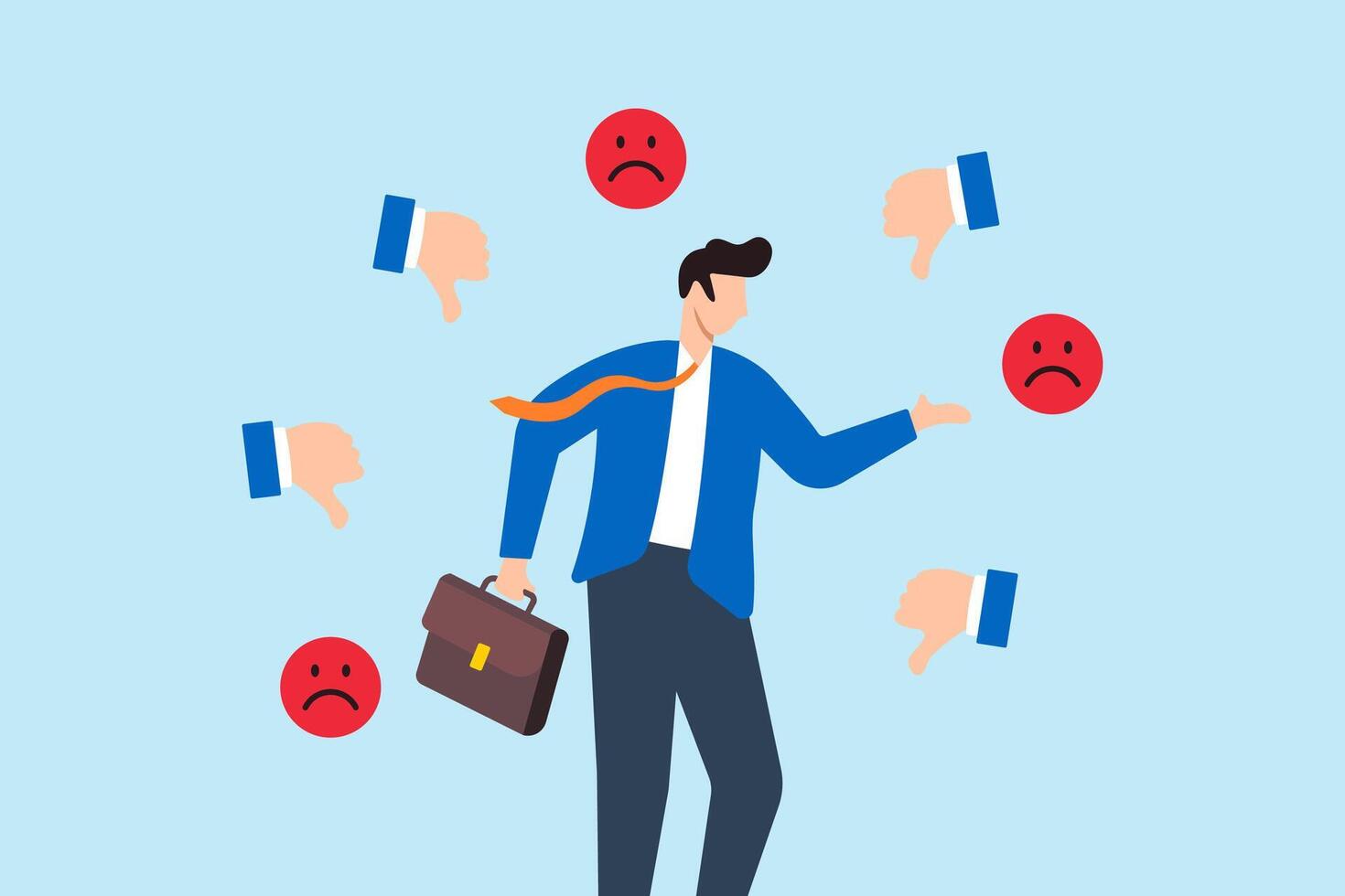 Businessman response to negative feedback, illustrating addressing dissatisfaction, dislikes, or bad customer reviews. Concept of handling complaints, and acknowledging business mistakes or problems vector