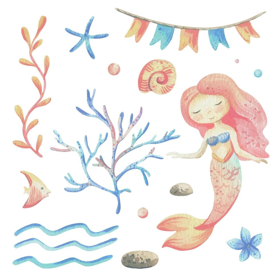 Mermaid is a little girl with fish, seashell, corals, algae, starfish. Watercolor illustration hand drawn with pastel colors turquoise, blue, coral, pink. Set of elements isolated from background. vector