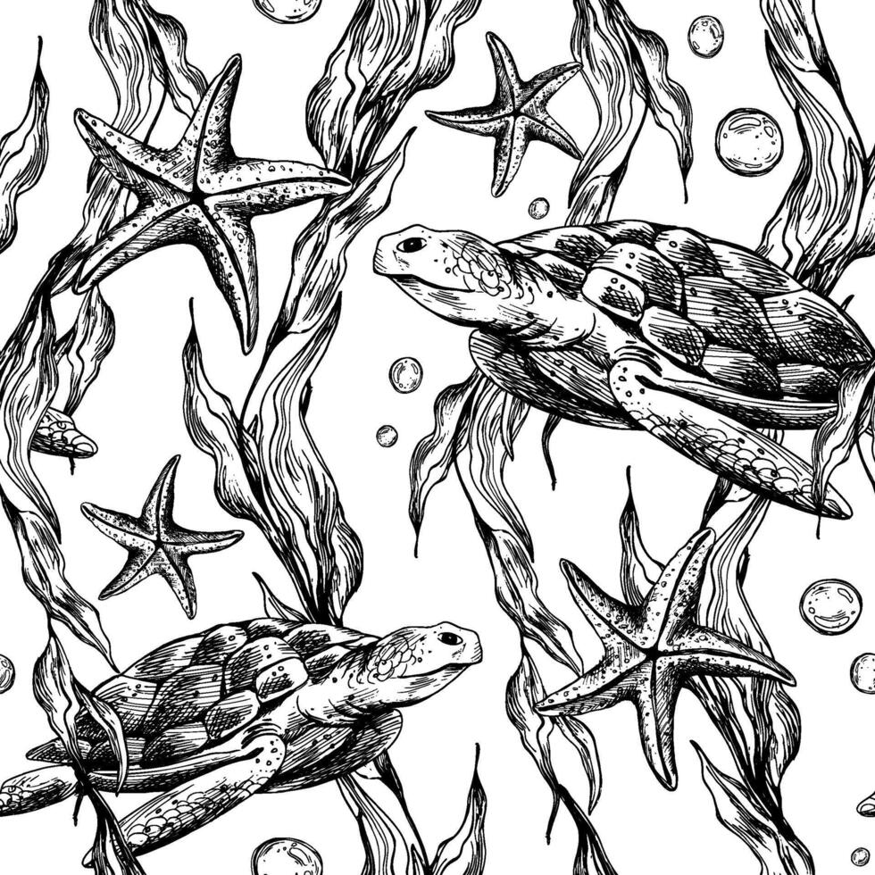 Underwater world clipart with sea animals whale, turtle, octopus, seahorse, starfish, shells, coral and algae. Graphic illustration hand drawn in black ink. Seamless pattern EPS . vector