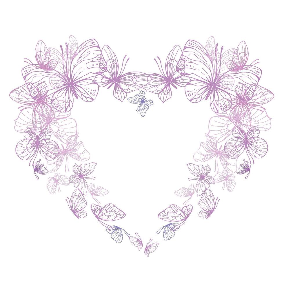 Butterflies are pink, blue, lilac, flying, delicate with wings and splashes of paint. Graphic illustration hand drawn in pink, lilac ink. heart shape frame, template EPS vector