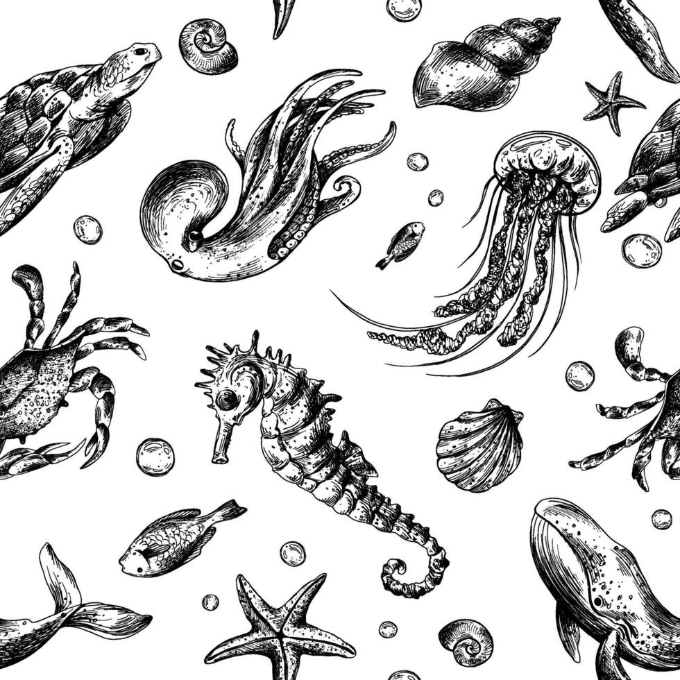 Underwater world clipart with sea animals whale, turtle, octopus, seahorse, starfish, shells, coral and algae. Graphic illustration hand drawn in black ink. Seamless pattern EPS . vector