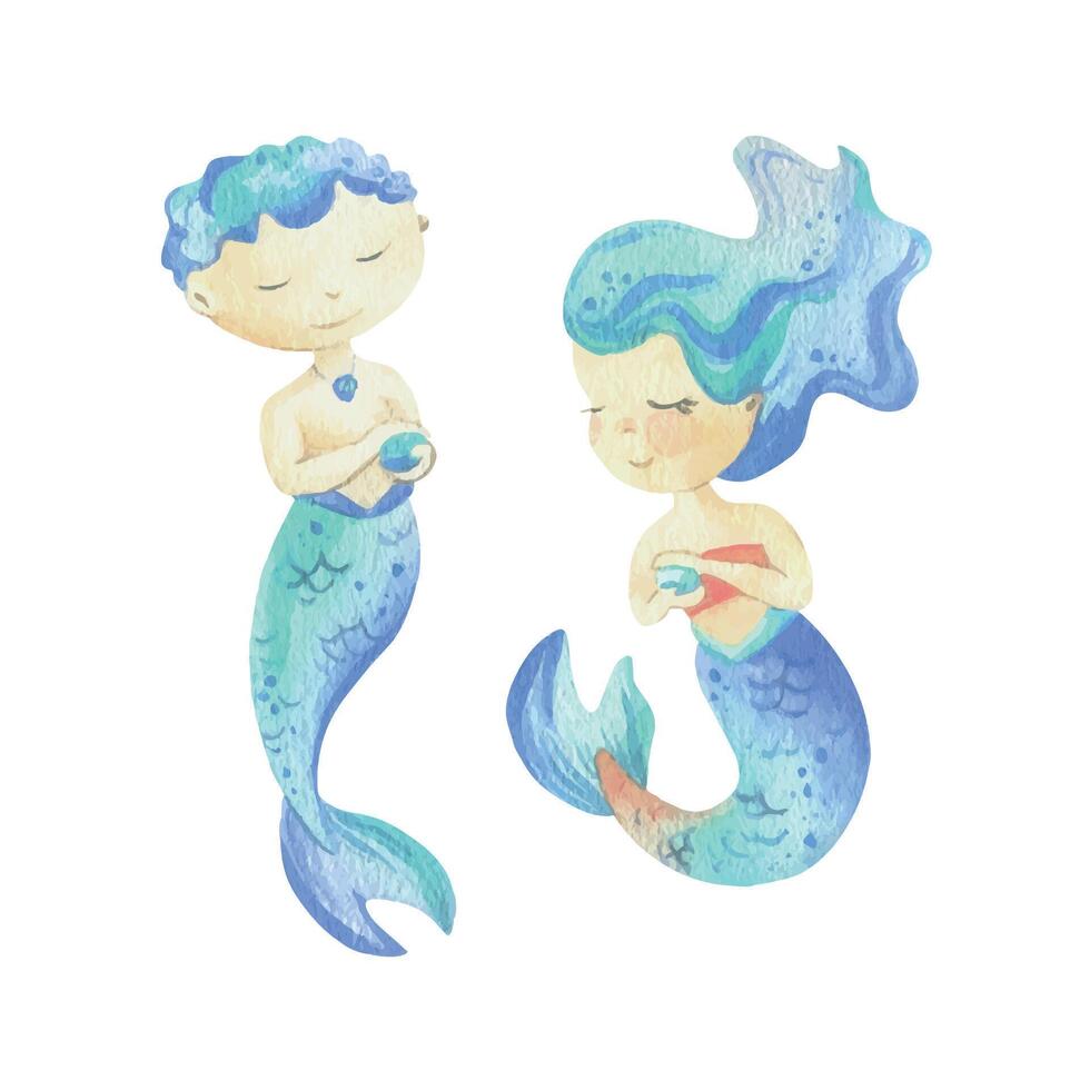 Mermaids is a little girl and boy with tails, holding a pearl in her hand. Watercolor illustration hand drawn with pastel colors turquoise, blue, mint, coral. Set of elements isolated from background vector