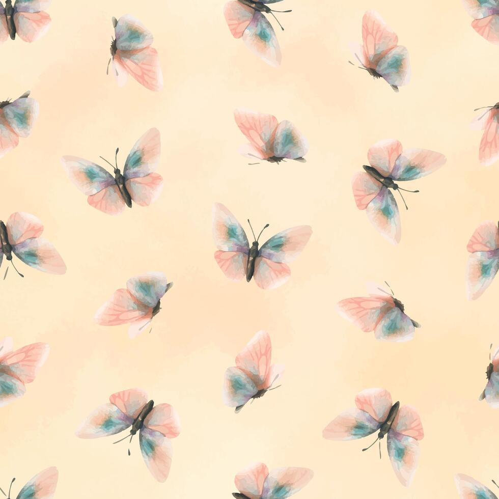 Delicate, flying, elegant butterflies in the trendy pastel color peach fuzz in a vintage style. Hand drawn watercolor illustration. Seamless pattern, repeating ornament on a beige background vector