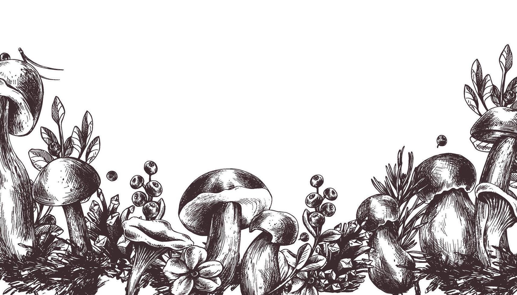 bosque hongos, boleto, rebozuelos y arándanos, arándanos rojos, leña menuda, conos, hojas. gráfico ilustración mano dibujado en negro tinta. borde, modelo eps . vector