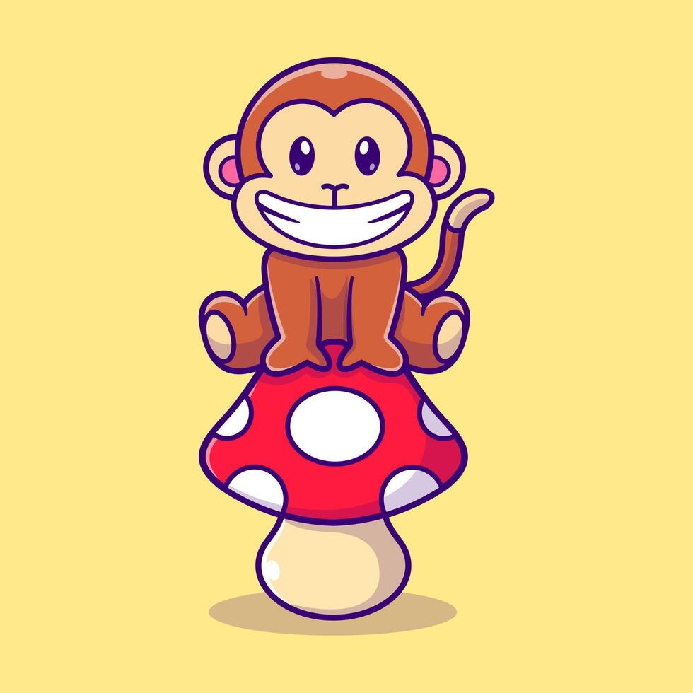 Cute Monkey Sitting On Mushroom Cartoon vector