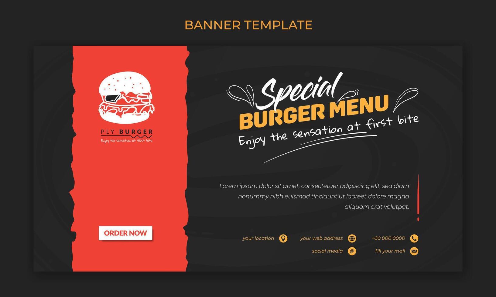 Banner template for burger food design in red and black background with burger icon design vector