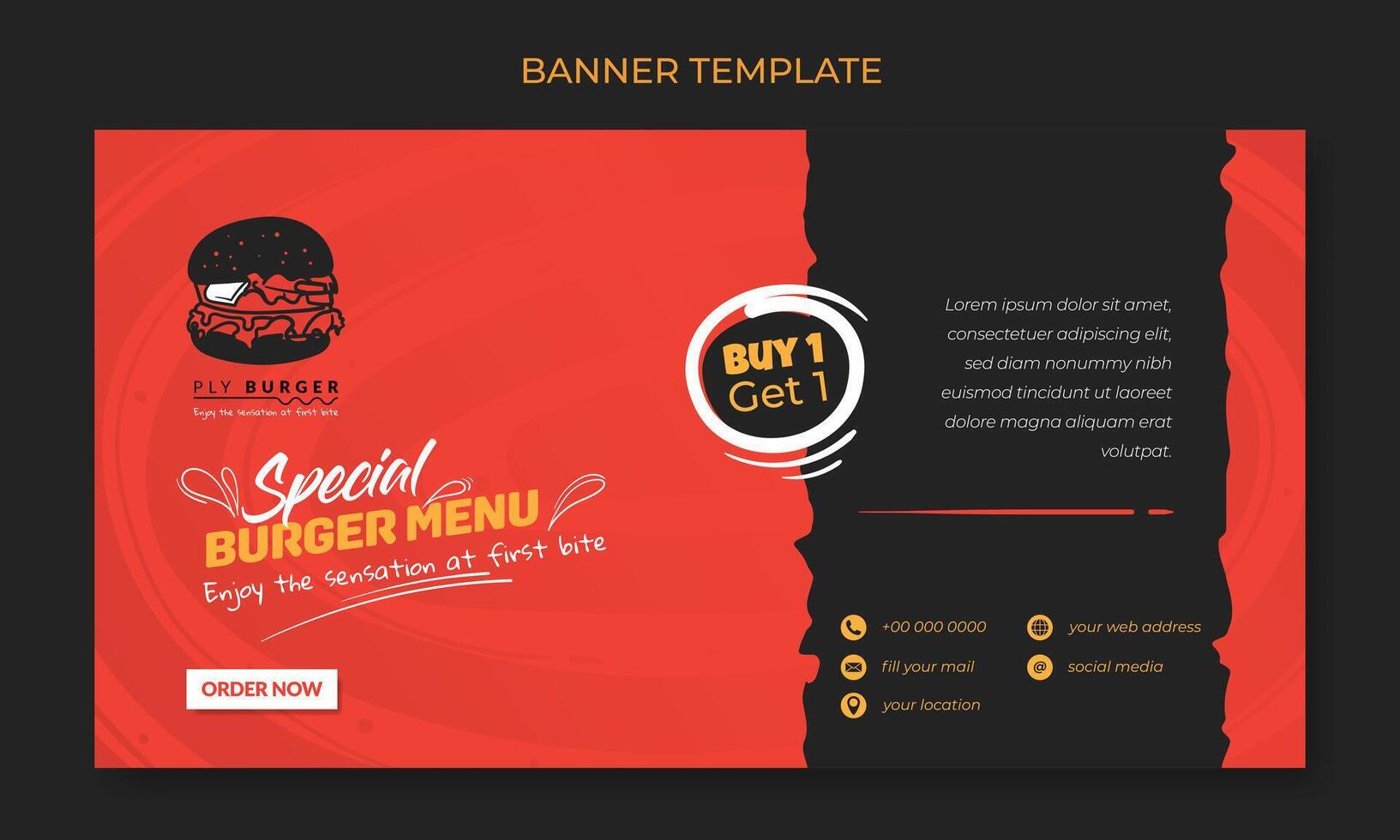 Banner template design with red and black background with burger icon design for advertisement design vector