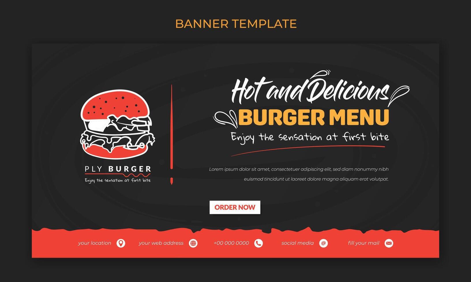 bandera modelo en rojo y negro antecedentes para rápido comida anuncio diseño en social medios de comunicación con hamburguesa diseño vector