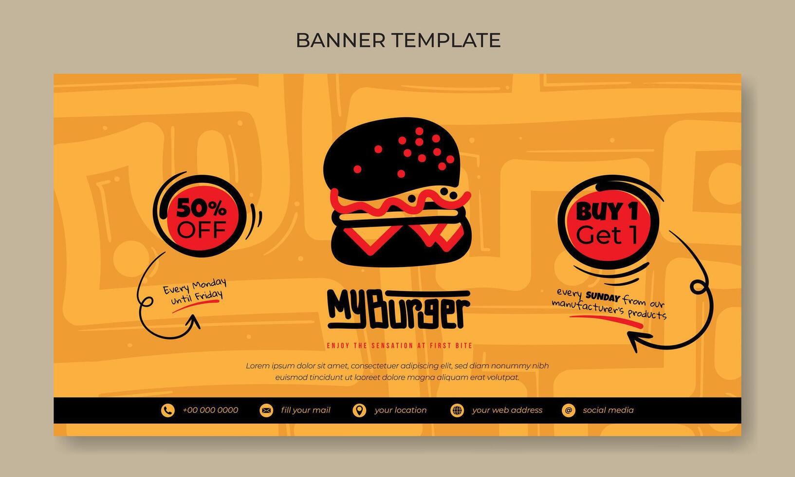 Banner template with cartoon of burger in black design and yellow line art hand drawn in orange background for fast food advertisement design vector