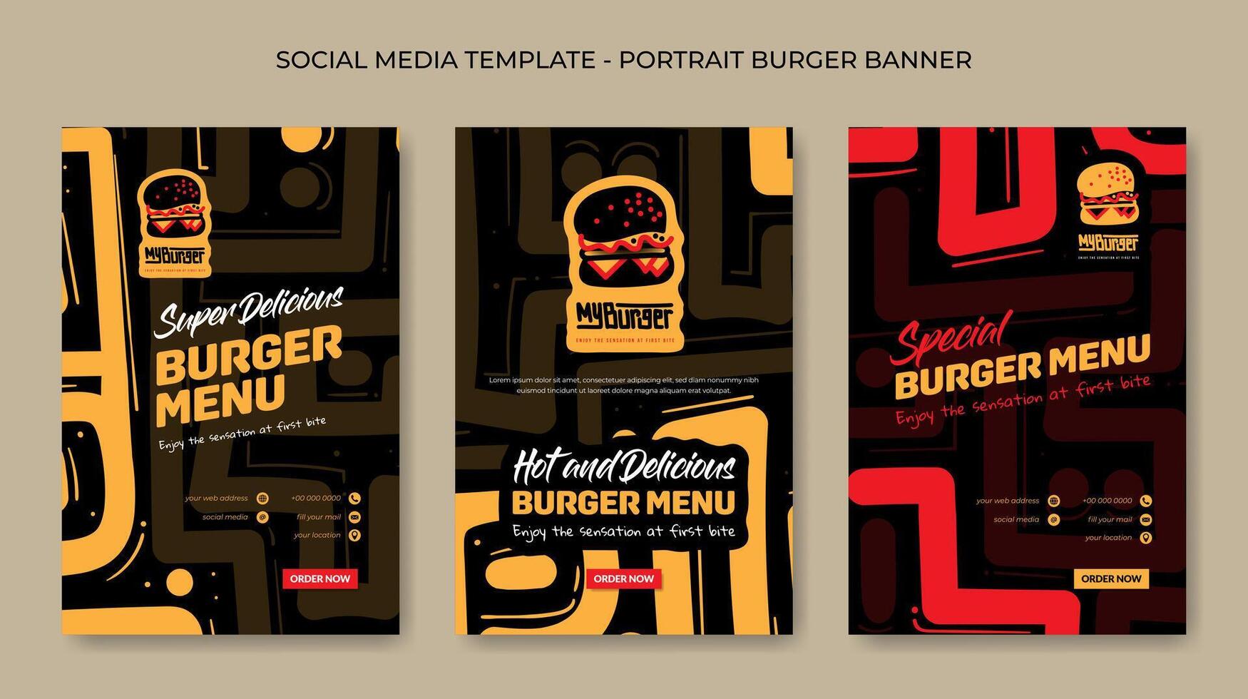 conjunto de social medios de comunicación enviar modelo en retrato diseño con rojo amarillo mano dibujado antecedentes para calle comida anuncio diseño vector