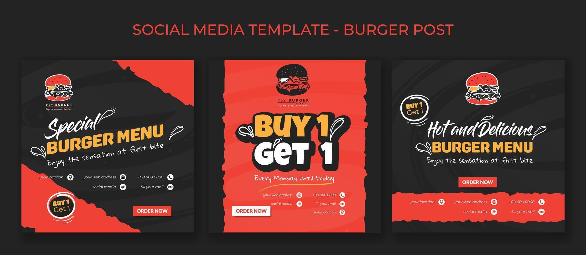 Set of social media post template in red and black background for street food advertising with burger design vector