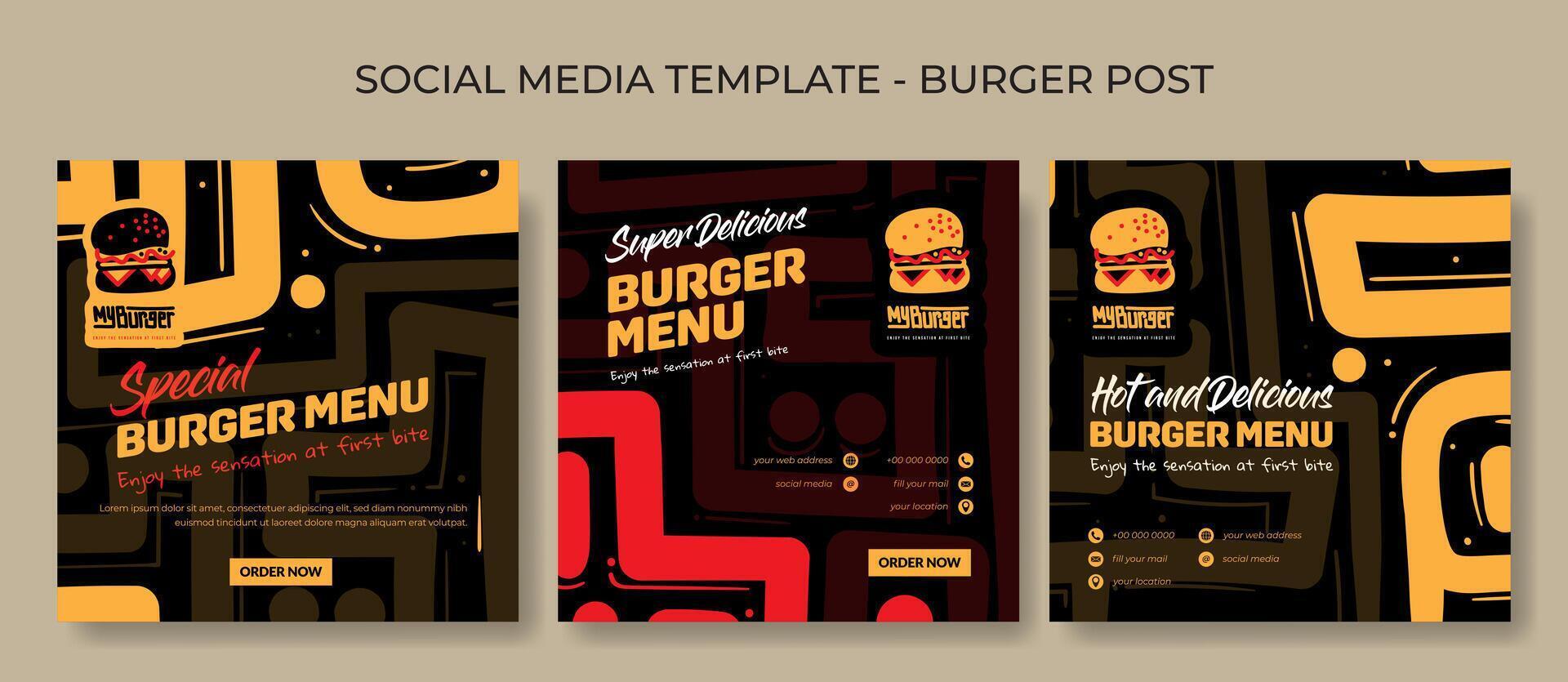 Set of social media post template in hand drawn line background design with burger icon for fast food advertising vector
