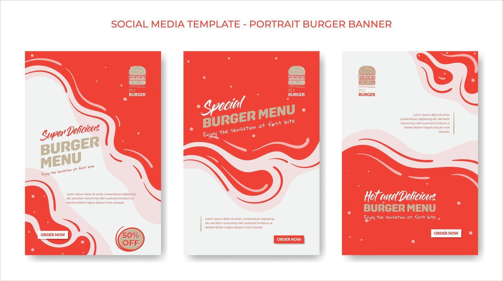 Set of social media post template in square design with red and white waving background for food advertising design vector