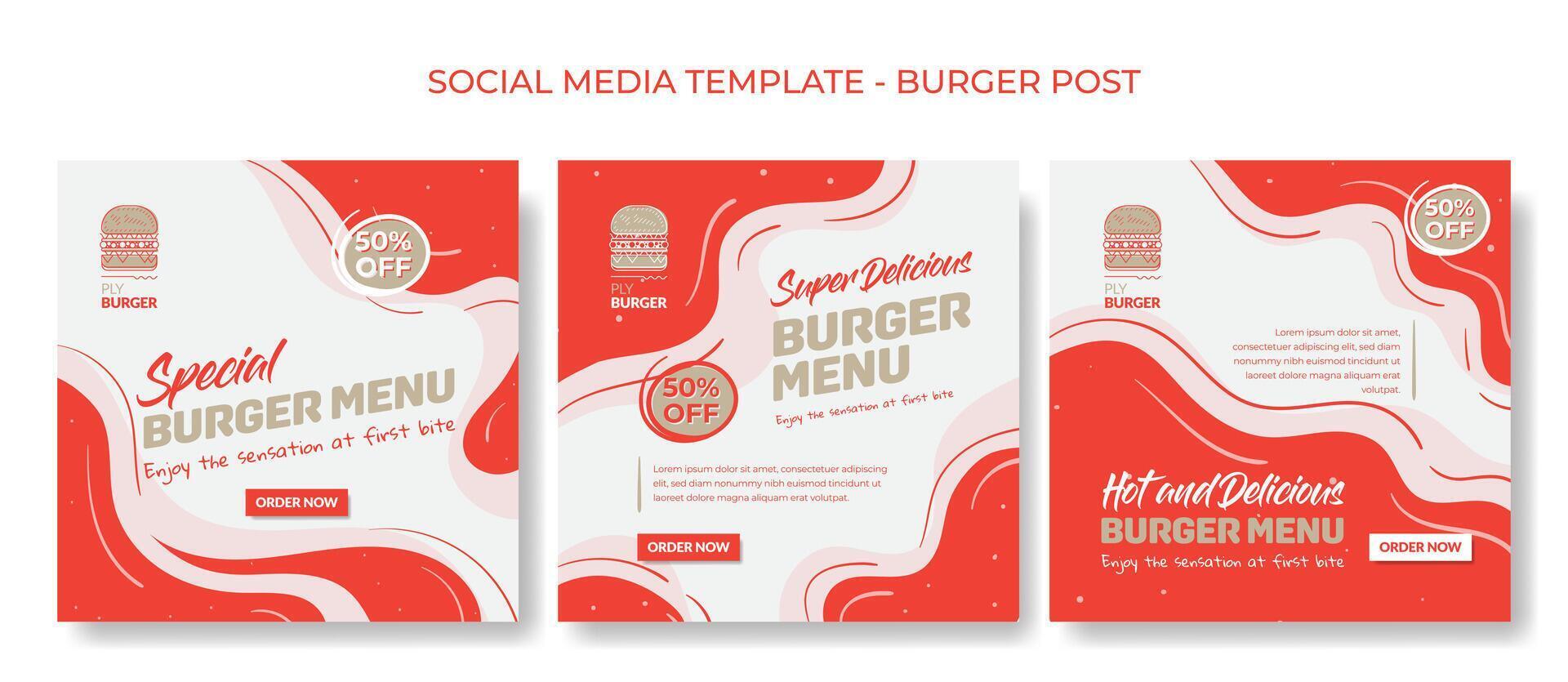 Set of social media post template in red and white liquid waving background for food advertising with burger design vector