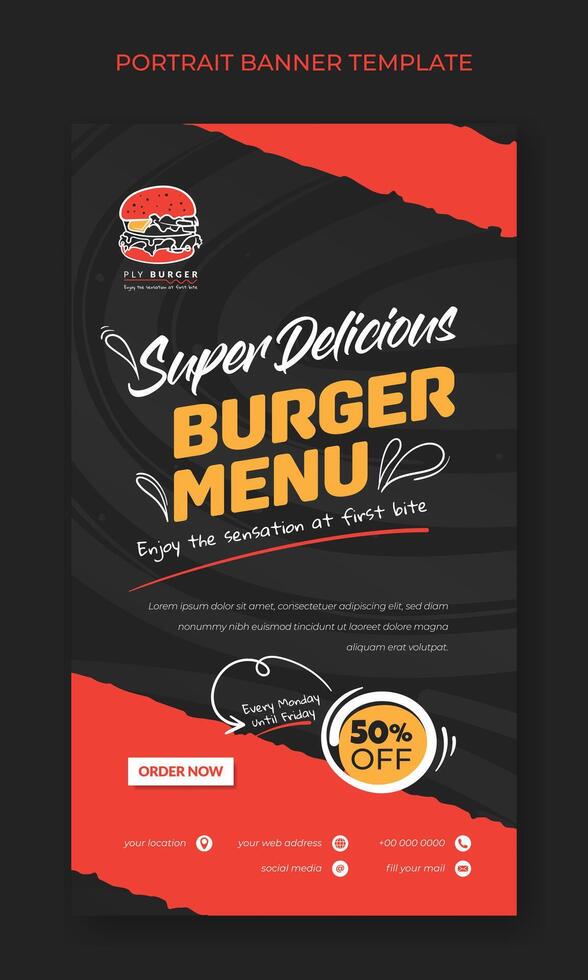 Portrait banner template with burger design in black and red background for street food advertising on social media vector