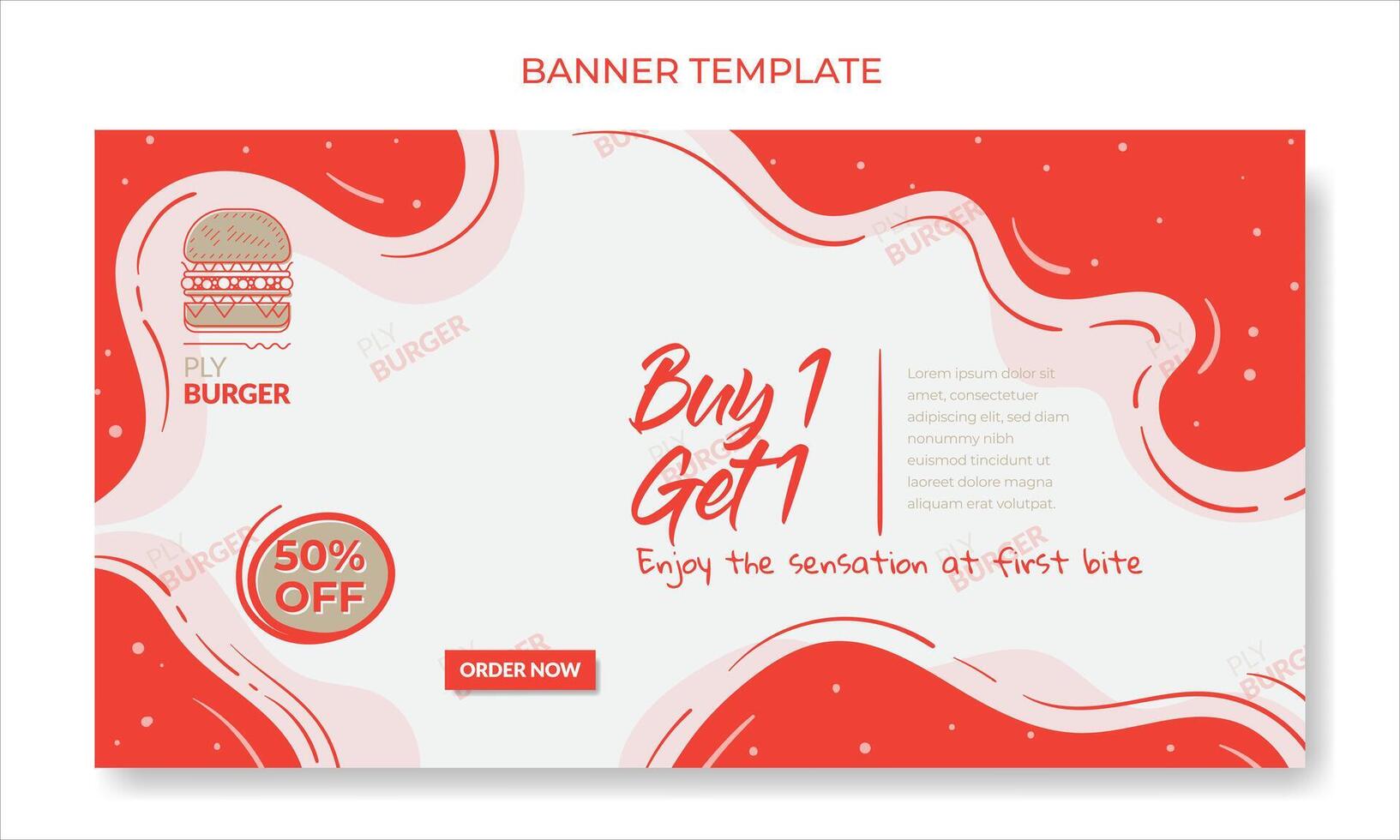 Landscape banner template with red and white waving background design for fast food advertising vector