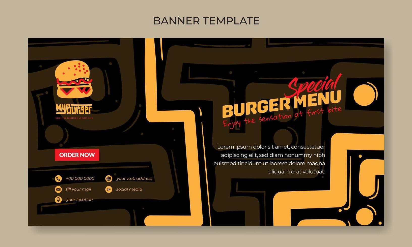 Banner template design with yellow hand drawn in black background for fast food advertising design vector