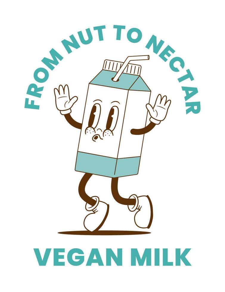 Retro cartoon vegan plant based milk character. Vintage alternatives lactose free drink vector