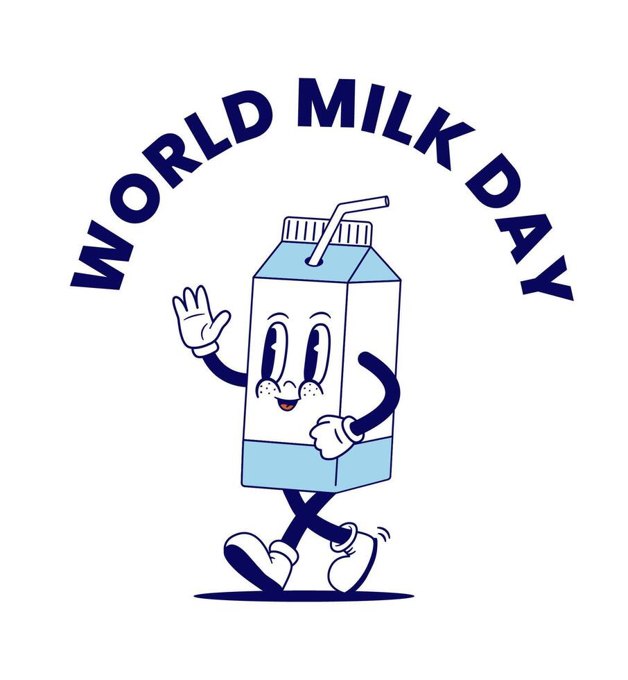 World milk day vintage print. Retro cartoon milks character. vector