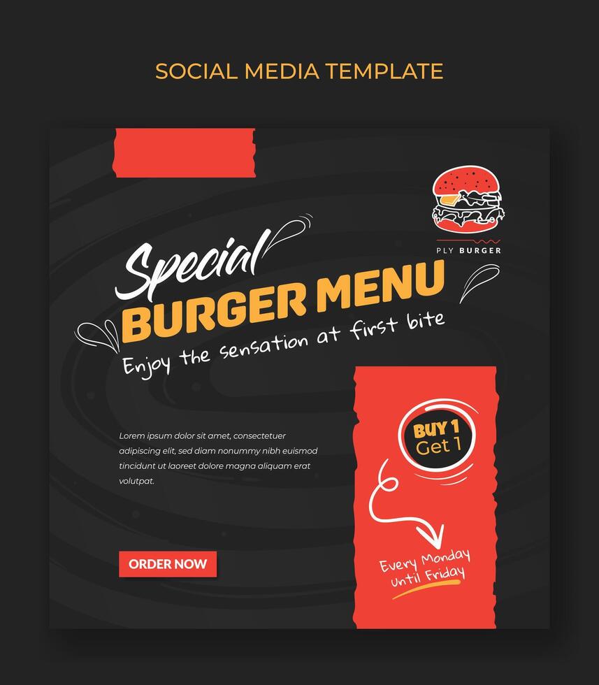 cuadrado bandera modelo en negro y rojo antecedentes diseño con hamburguesa icono para calle comida anuncio diseño vector