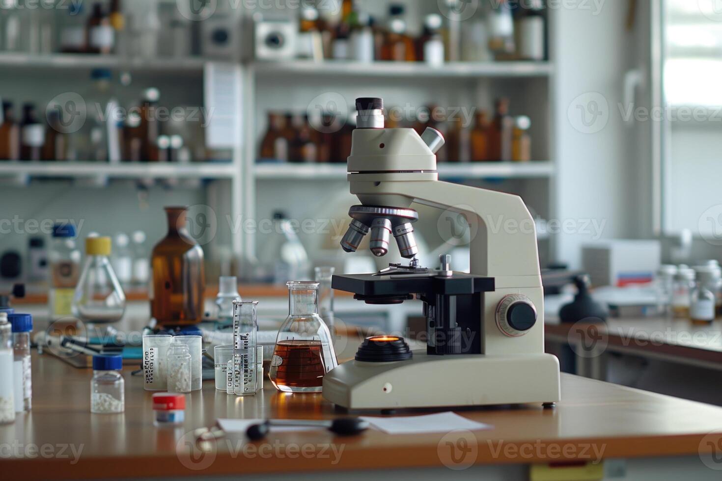 Background image of various equipment and microscope on table in empty laboratory photo