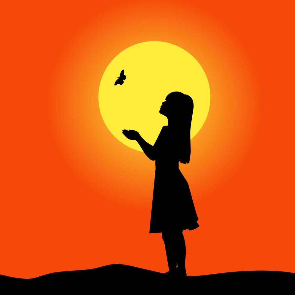 silueta de un pequeño niña jugando con un mariposa, mientras disfrutando el belleza de el puesta de sol al aire libre vector