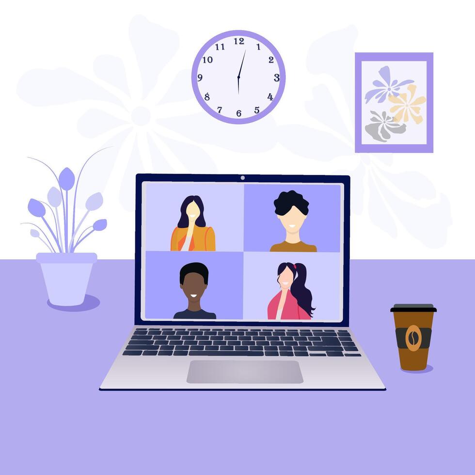 The concept of conferencing, training, online communication with colleagues, friends, students at home or in the office. Remote work. Open laptop with four people on the screen. Flat illustration. . vector