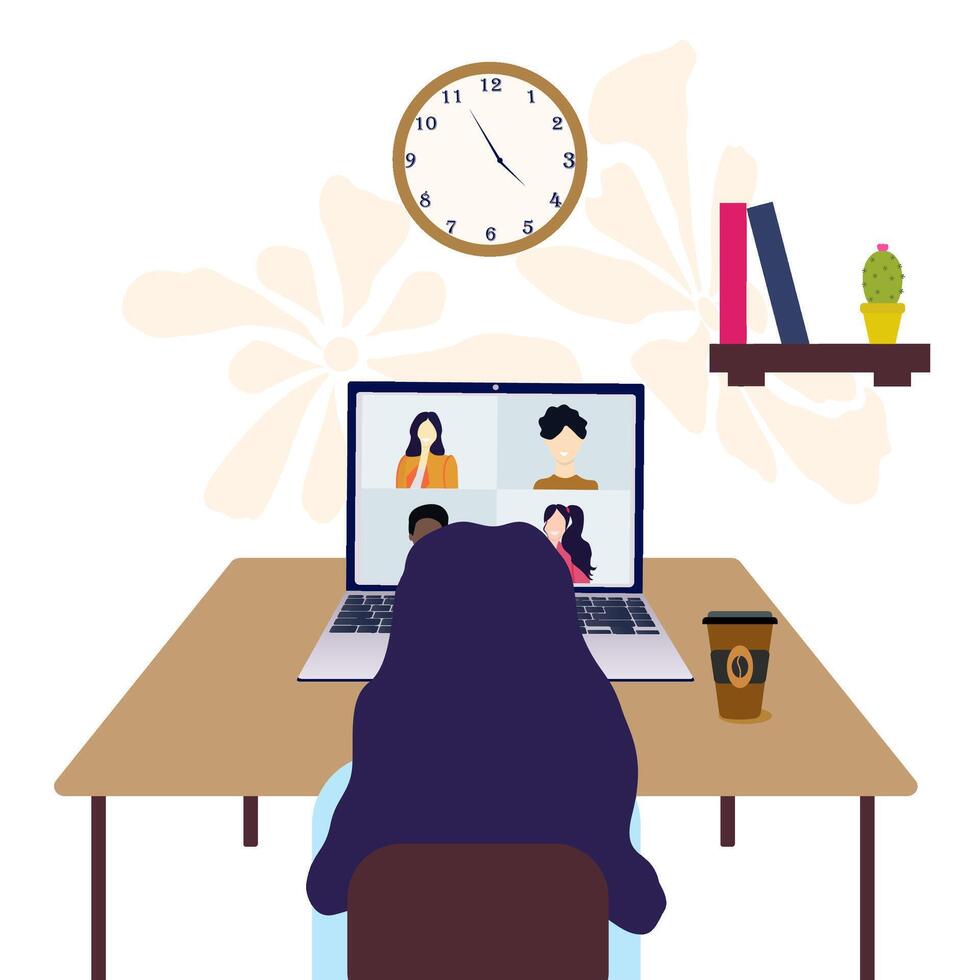 The concept of conferencing, training, online communication with colleagues, friends, students at home or in the office. Remote work. Open laptop with four people on the screen. Flat illustration. . vector