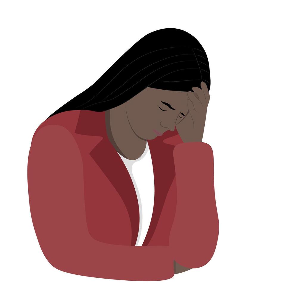Portrait of a black sad girl, headache, feeling unwell, isolate on white, flat vector