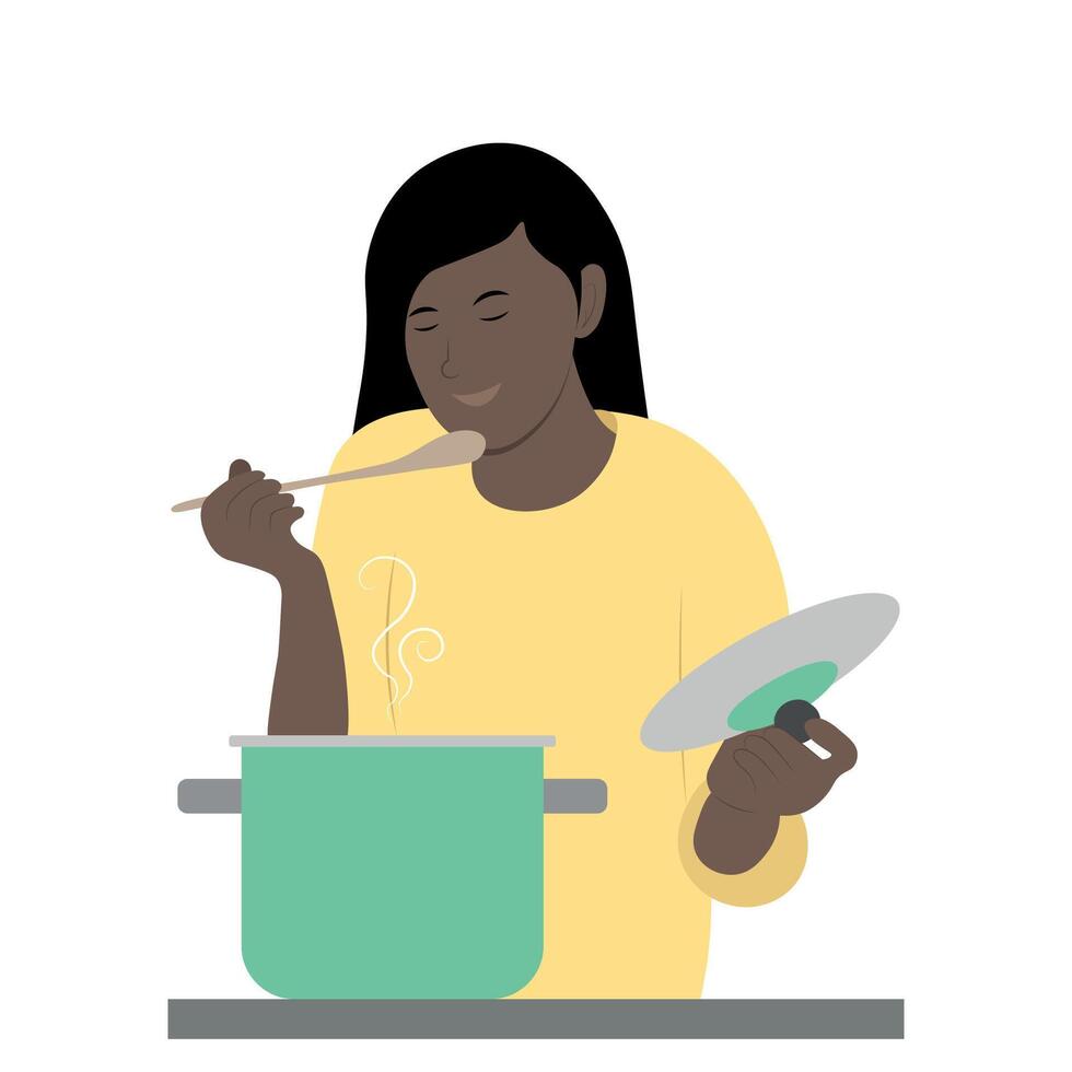 A cartoon black girl tastes the soup she is preparing, isolate on white, cooking vector