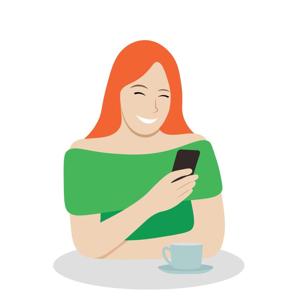 Portrait of a cheerful red-haired girl with a phone in her hand, a cup of tea on the table, isolate on white, flat illustration, Handmade vector