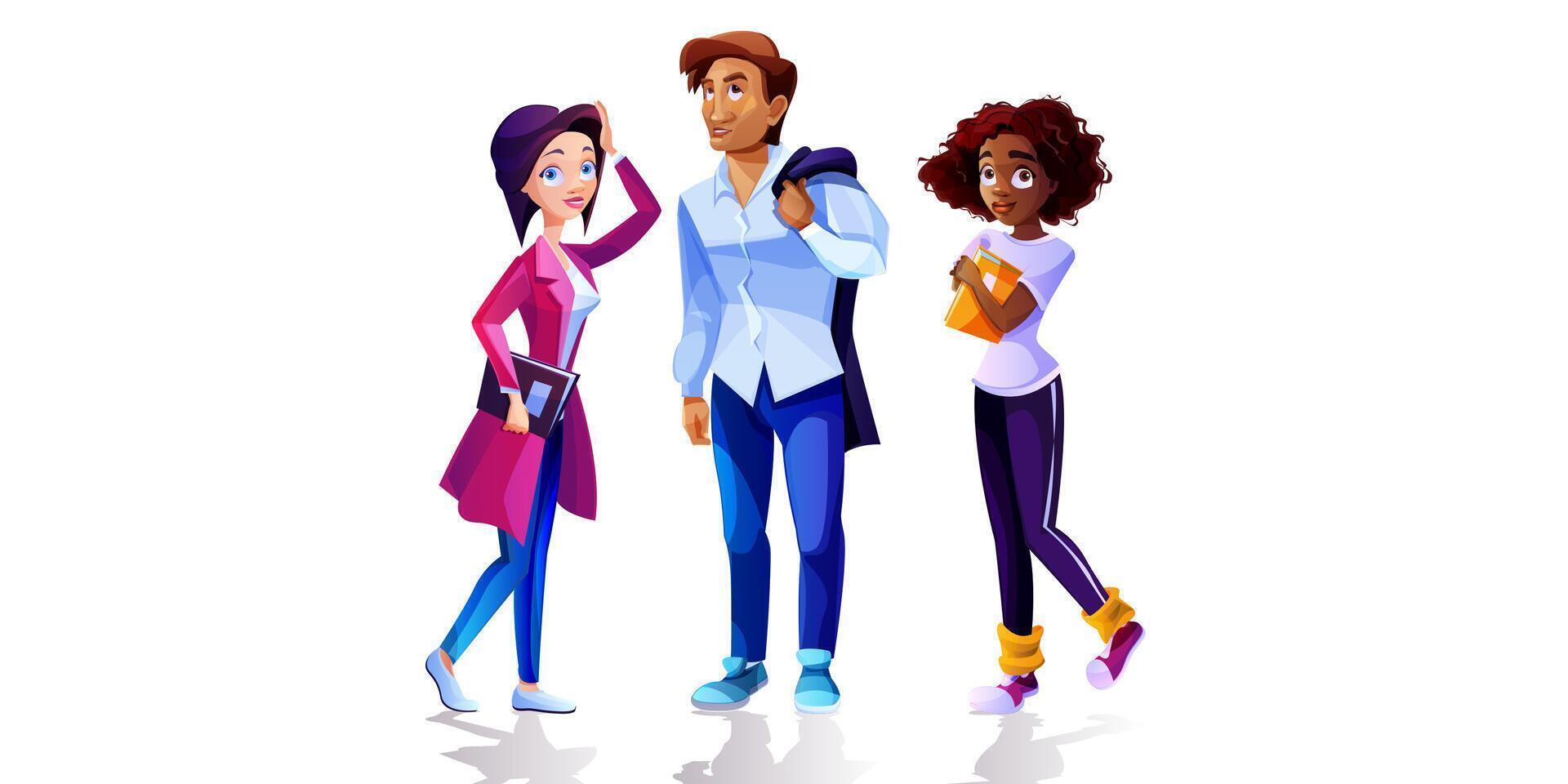 Cartoon people illustration. Group of multicultural student characters set on white background. Young girls holding study book. Multiethnic teenagers in casual clothes. Youth lifestyle. vector