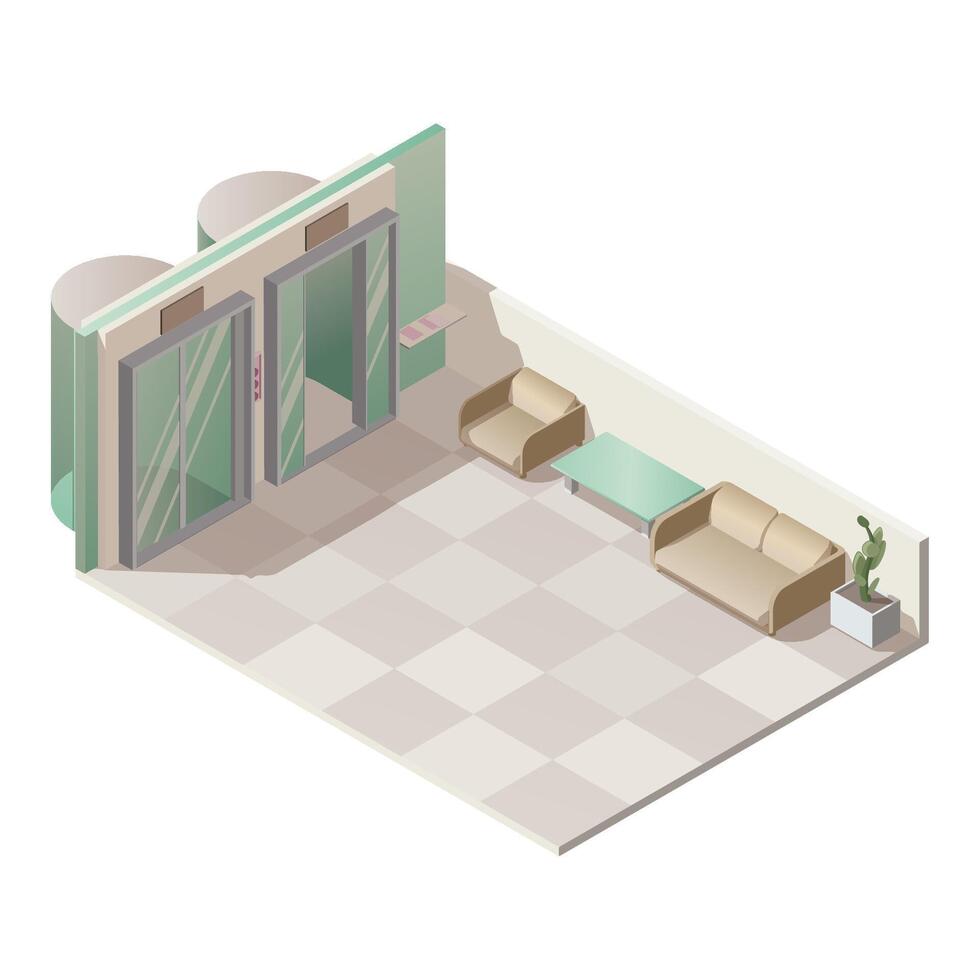 Isometric modern elevator hall interior with contemporary lift, chairs, open and closed glass doors, metal cabins and button panel. Elevator lobby of office or hotel building. vector