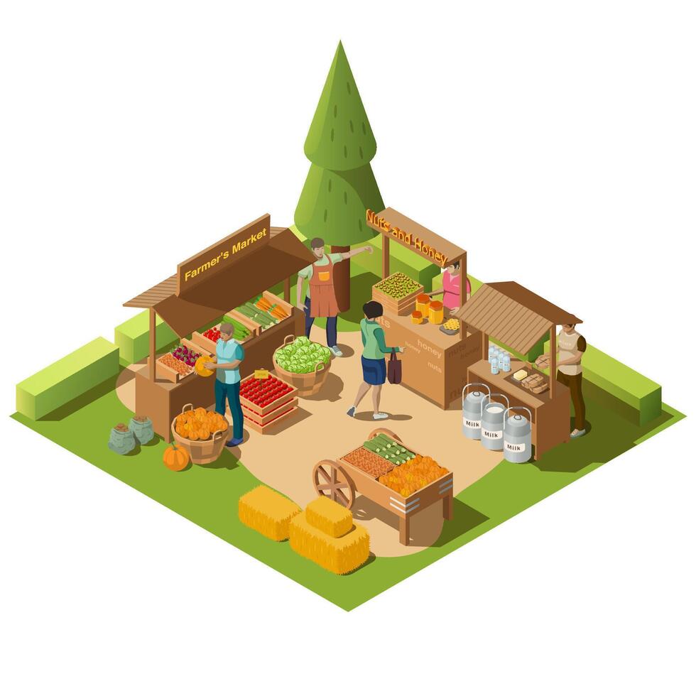 granja local mercado isométrica composición con granjero caracteres de venta natural orgánico comida productos 3d ilustración. justa con eco sano verduras, agrícola tienda de comestibles bienes en establos. vector