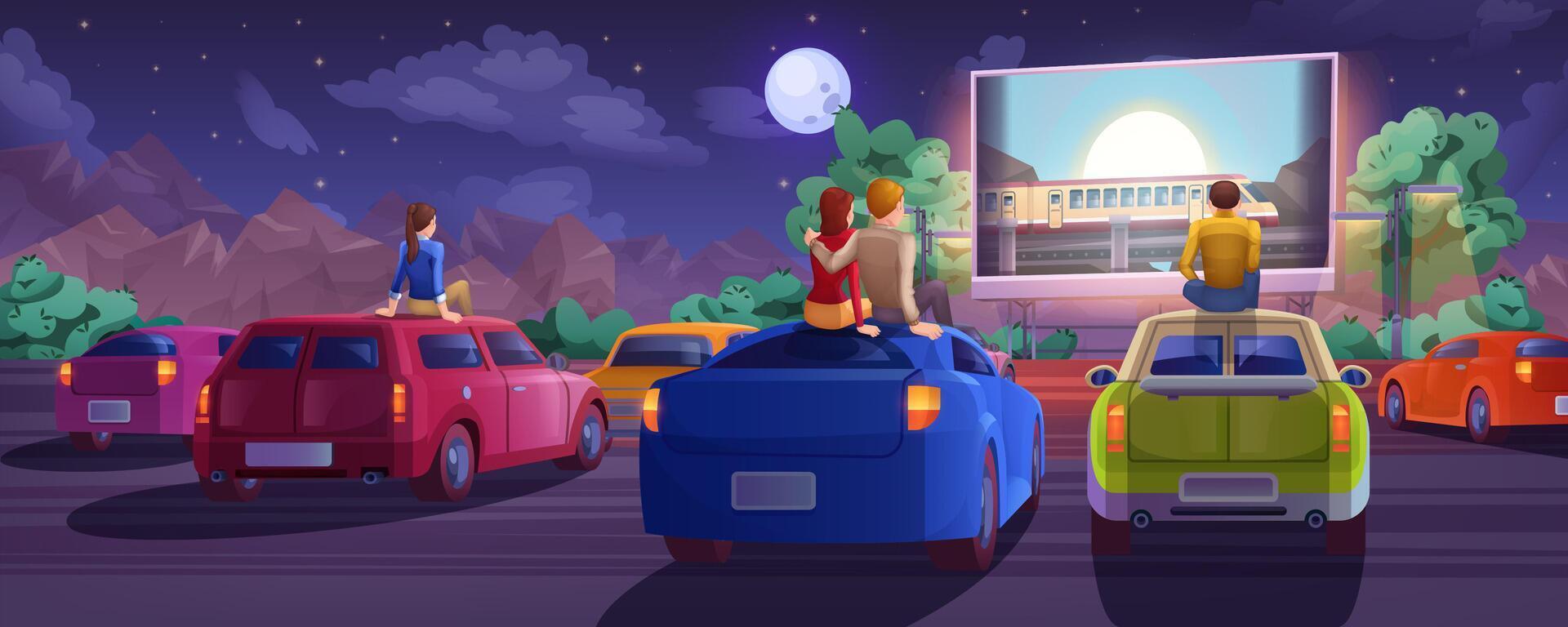 Cartoon outdoor drive-in cinema. Car movie theater in open air with loving couple, lonely boy and girl. Summer night with people sitting on automobile roof and watching film on big glowing screen. vector