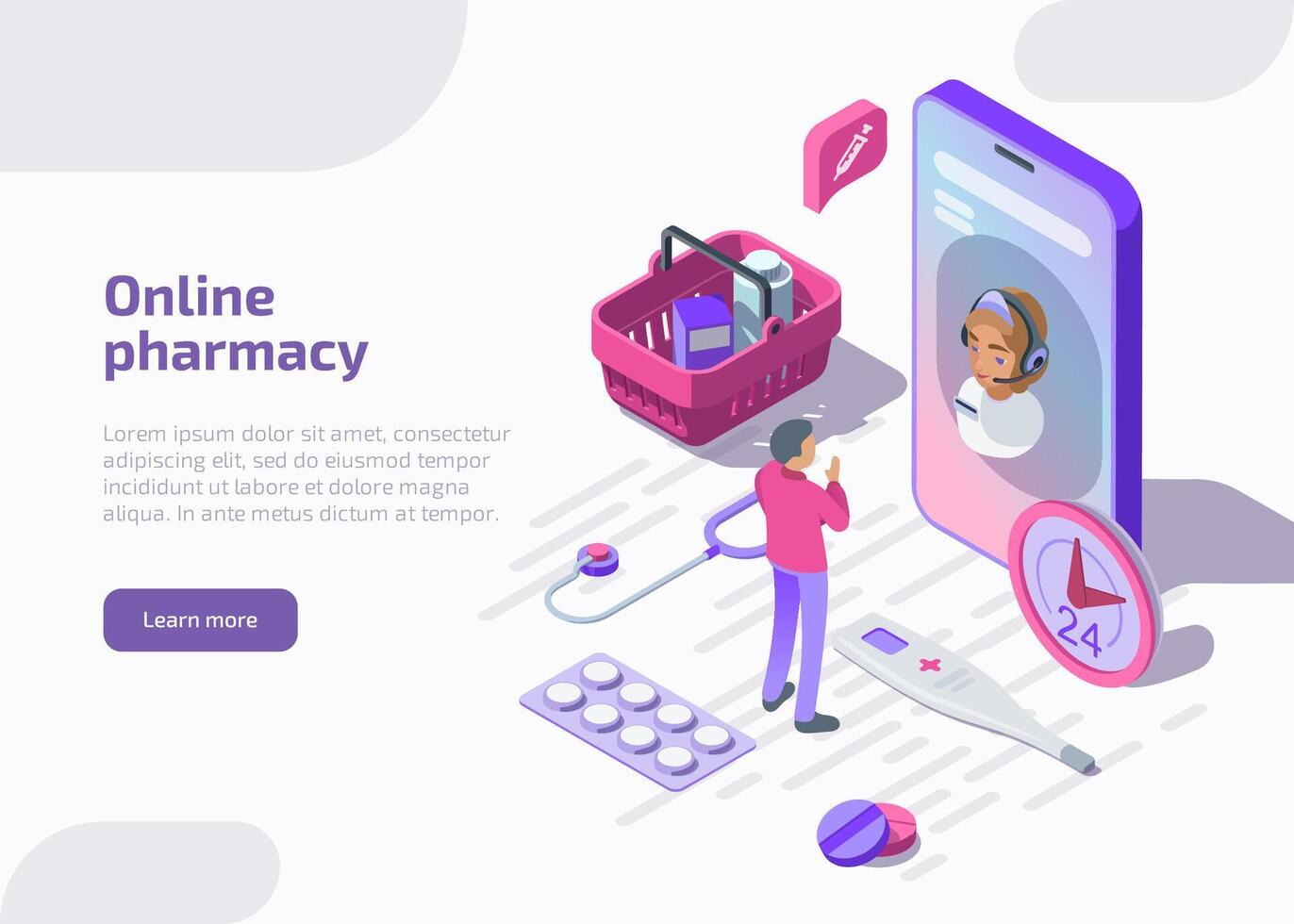 Online pharmacy isometric banner with shopping bag, tablets, apothecary. Pharmacist help patient via smartphone application on mobile device. Telehealth, healthcare or medical support services concept vector