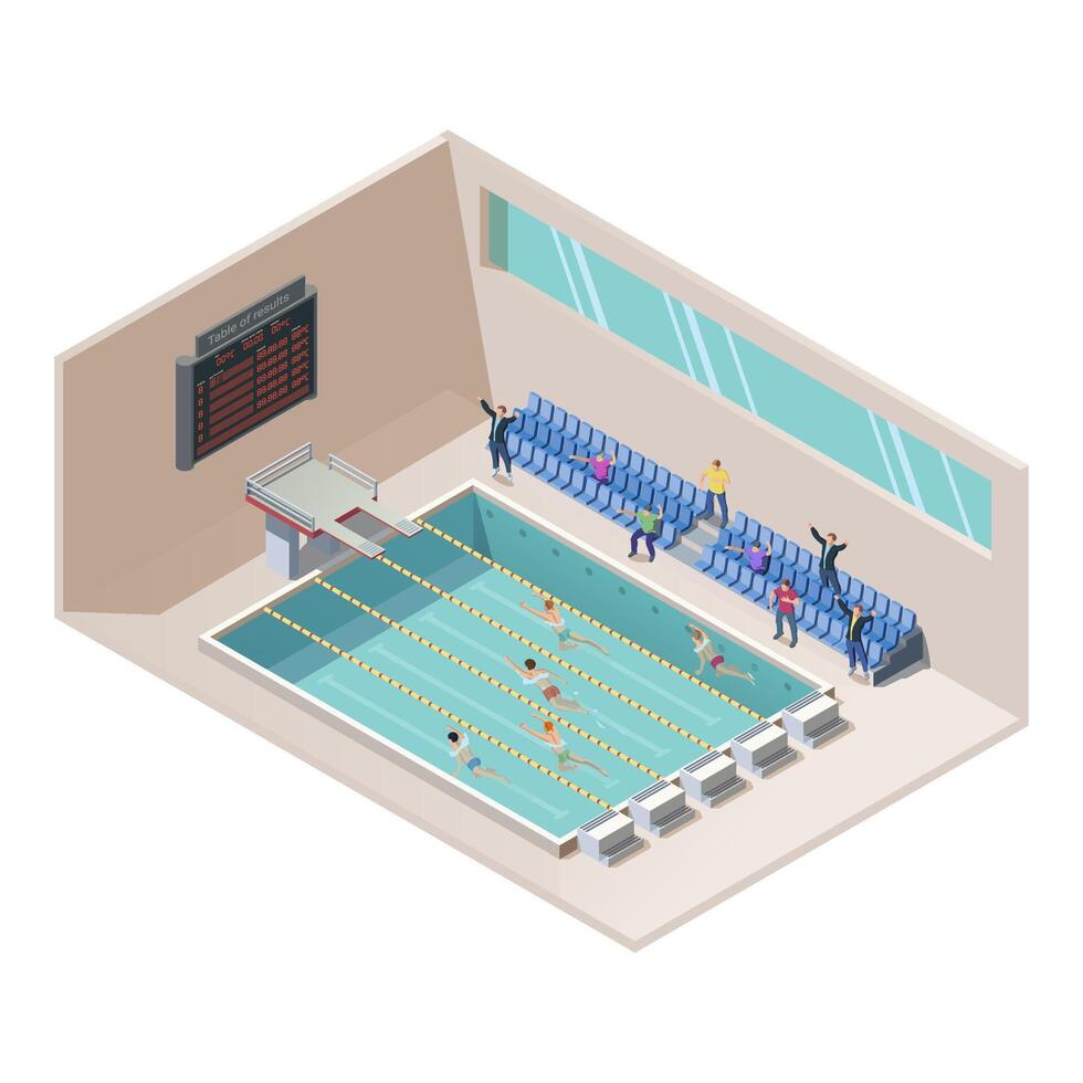 isometric illustration of swim race in water pool. Swimming activity sport competition concept. Athletes on line race. Indoor interior of swimming pool, grandstand, swimmer and scoreboard vector